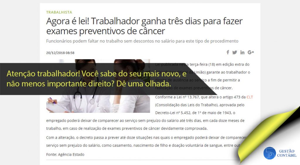 Agora é lei! Trabalhador ganha três dias para fazer exames preventivos de câncer #negócios #escritóriocontábil #acessoriacontábil #direitosdotrabalhador (TOP 2 – Jan)